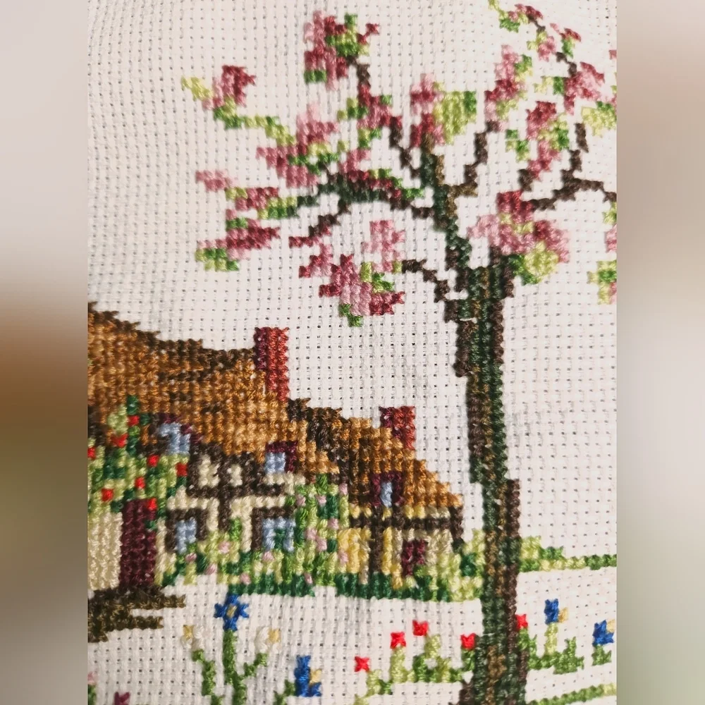 Vintage Embroidered Cross Stitch Lace Pillowcase Spring Cottage 13x13 Handmade